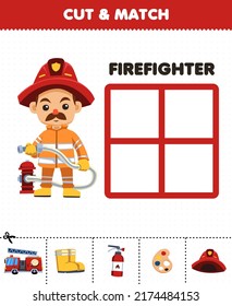 Education game for children cut and match the correct stuff for cute cartoon firefighter profession printable worksheet