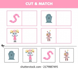 Education game for children cut and match the same picture of cute cartoon worm tombstone voodoo doll zombie girl costume halloween printable worksheet