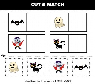 Education game for children cut and match the same picture of cute cartoon bat ghost cat dracula costume halloween printable worksheet