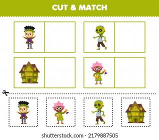 Education Game For Children Cut And Match The Same Picture Of Cute Cartoon Spooky House Frankenstein Scientist Zombie Costume Halloween Printable Worksheet