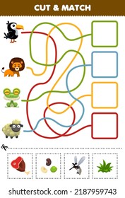 Education game for children cut and match the correct food for cute cartoon toucan bird lion frog sheep printable worksheet