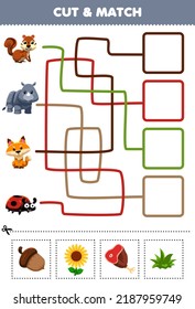 Education game for children cut and match the correct food for cute cartoon squirrel rhino fox ladybug printable worksheet