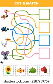 Education game for children cut and match the correct food for cute cartoon vulture beetle pelican koala printable worksheet