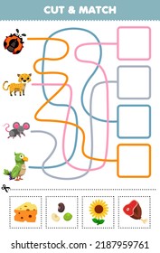 Education game for children cut and match the correct food for cute cartoon ladybug cheetah mouse parakeet printable worksheet