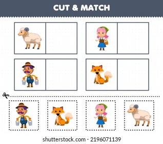 Education game for children cut and match the same picture of cute cartoon sheep farmer fox printable farm worksheet