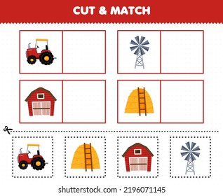 Education game for children cut and match the same picture of cute cartoon tractor windmill barn haystack printable farm worksheet