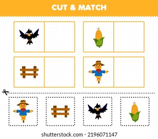 Education game for children cut and match the same picture of cute cartoon crow corn fence scarecrow printable farm worksheet