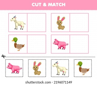 Education game for children cut and match the same picture of cute cartoon goat rabbit duck pig printable farm worksheet