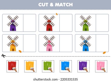 Education game for children cut and match the same color of cute cartoon windmill printable farm worksheet