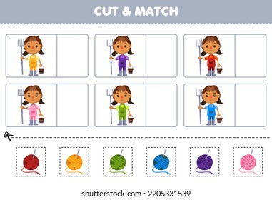 Education game for children cut and match the same color of cute cartoon farmer girl printable farm worksheet