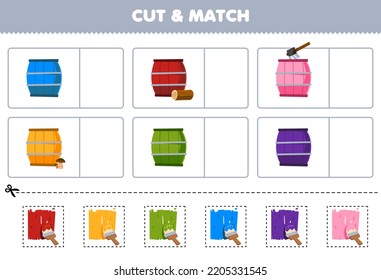 Education game for children cut and match the same color of cute cartoon barrel printable farm worksheet