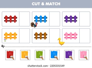 Education game for children cut and match the same color of cute cartoon fence printable farm worksheet