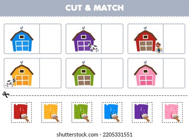 Education game for children cut and match the same color of cute cartoon barn printable farm worksheet