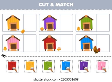 Education game for children cut and match the same color of cute cartoon chicken coop printable farm worksheet