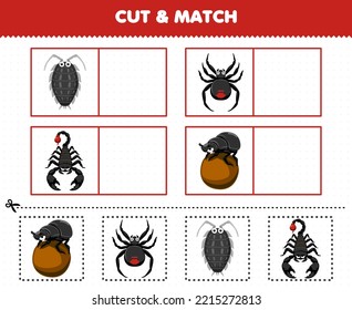 Education game for children cut and match the same picture of cute cartoon louse spider scorpion beetle printable bug worksheet
