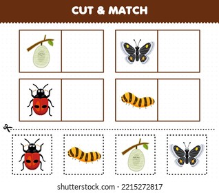 Education game for children cut and match the same picture of cute cartoon cocoon butterfly ladybug silkworm printable bug worksheet