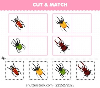 Education game for children cut and match the same picture of cute cartoon beetle printable bug worksheet