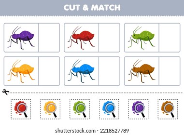 Education game for children cut and match the same color of cute cartoon aphid printable bug worksheet