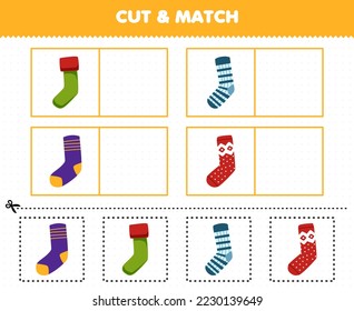 Education game for children cut and match the same picture of cute cartoon sock printable winter worksheet