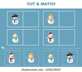 Education game for children cut and match the same picture of cute cartoon snowman printable winter worksheet