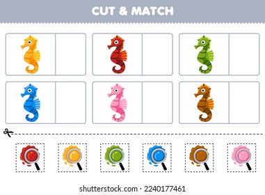 Education game for children cut and match the same color of cute cartoon seahorse printable underwater worksheet