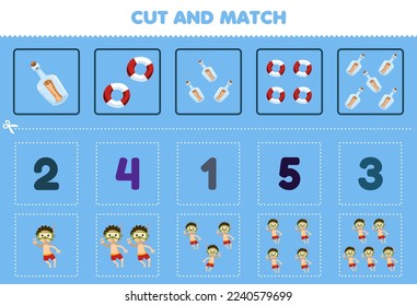 Education game for children cut and match the same number of cute cartoon diver bottle and lifebuoy printable underwater worksheet