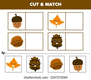 Education game for children cut and match the same picture of cute cartoon acorn maple leaf nut pinecone printable nature worksheet