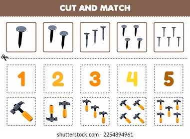 Education game for children cut and match the same number of cute cartoon hammer and nail printable tool worksheet