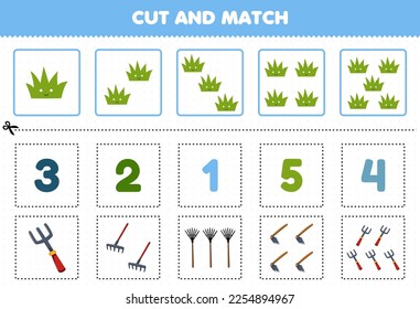 Education game for children cut and match the same number of cute cartoon rake fork hoe and grass printable tool worksheet