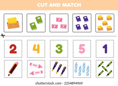 Education game for children cut and match the same number of cute cartoon book envelope pencil pen crayon and marker printable tool worksheet