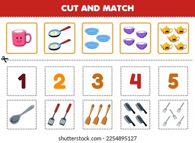 Education game for children cut and match the same number of cute cartoon mug frying pan plate mug bowl fork and spoon printable tool worksheet