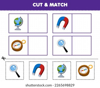Education game for children cut and match the same picture of cute cartoon magnifier magnet globe compass printable tool worksheet