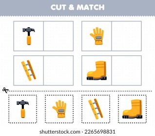 Education game for children cut and match the same picture of cute cartoon hammer glove ladder boot printable tool worksheet