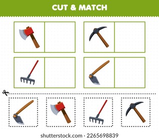 Education game for children cut and match the same picture of cute cartoon hoe axe rake pickaxe printable tool worksheet