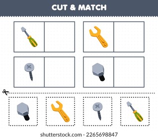 Education game for children cut and match the same picture of cute cartoon bolt wrench screw screwdriver printable tool worksheet