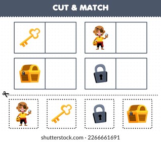 Education game for children cut and match the same picture of cute cartoon treasure chest key padlock printable pirate worksheet