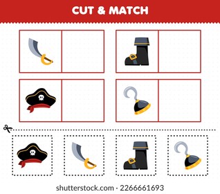 Education game for children cut and match the same picture of cute cartoon hat sword boot hook printable pirate worksheet