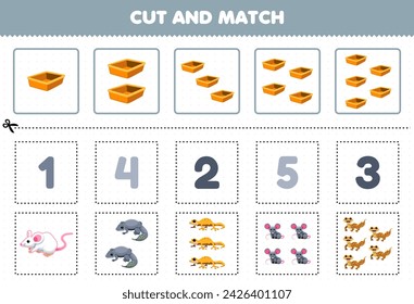 Education game for children cut and match the same number of cute gecko and mouse pet worksheet