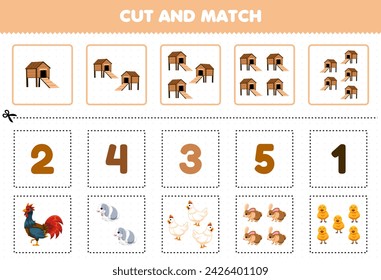 Education game for children cut and match the same number of cute chicken and rabbit pet worksheet