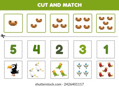 Education game for children cut and match the same number of cute bird pet worksheet