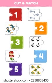 Education game for children cut piece of puzzle and match by number of cute cartoon mermaid diver fish bone anchor piranha printable underwater worksheet