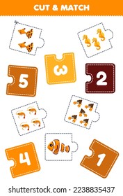 Education game for children cut piece of puzzle and match by number of cute cartoon fish seahorse shrimp hermit crab printable underwater worksheet