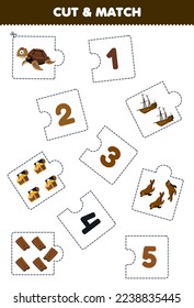 Education game for children cut piece of puzzle and match by number of cute cartoon turtle wrecked ship walrus treasure chest printable underwater worksheet