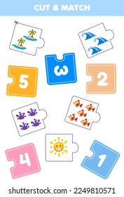 Education game for children cut piece of puzzle and match by number of cute cartoon sun island wave coral fish printable nature worksheet