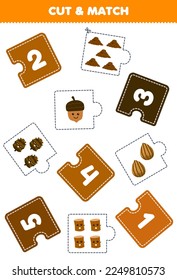 Education game for children cut piece of puzzle and match by number of cute cartoon acorn seed pinecone wood log soil printable nature worksheet