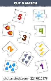 Education game for children cut piece of puzzle and match by number of cute cartoon snowflake fire thunder cloud water printable nature worksheet