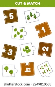 Education game for children cut piece of puzzle and match by number of cute cartoon tree printable nature worksheet
