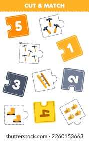 Education game for children cut piece of puzzle and match by number of cute cartoon ladder boot hammer glove pickaxe printable tool worksheet