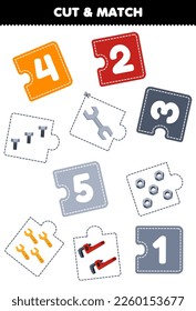 Education game for children cut piece of puzzle and match by number of cute cartoon spanner bolt nut wrench printable tool worksheet