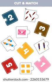 Education game for children cut piece of puzzle and match by number of cute cartoon envelope pen eraser paper pencil printable tool worksheet